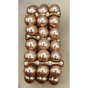 Multistrand Faux Taupe Pear Bracelet With Gold Tone & Rhinestone Accent - Stretc